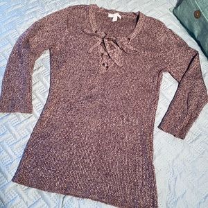 New York & Company ribbed fitted lace up top sweater brown Merle medium